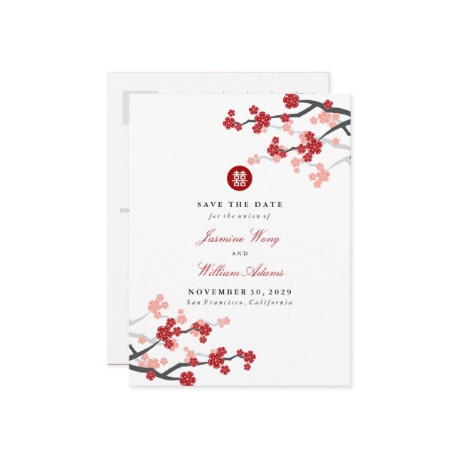 Carte Postale Faire-part Rouge Sakura Double Bonheur Chinois Sauver La Date (Devant/Arrière en situation)