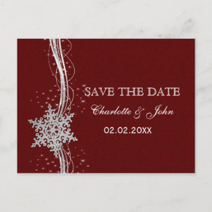 Carte Postale Faire-part rouge Silver Snowflakes hiver enregistrer la date