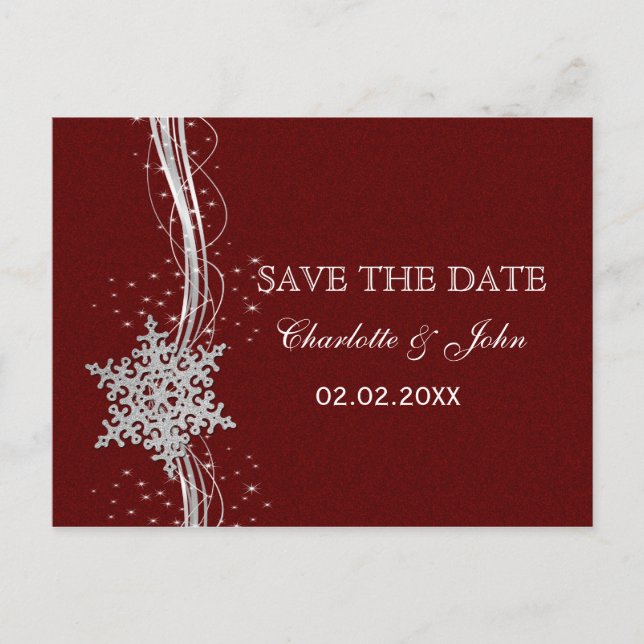 Carte Postale Faire-part rouge Silver Snowflakes hiver enregistrer la date (Devant)