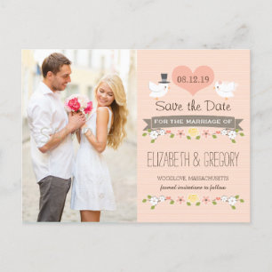 CARTE POSTALE FAIRE-PART ROUGIR OISEAUX DE L'AMOUR COLOMBE SAUVER LA DATE