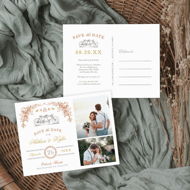 Carte Postale Faire-part Rouille et miel Bicycle 2 Photo Enregistrer la dat (Créateur téléchargé)