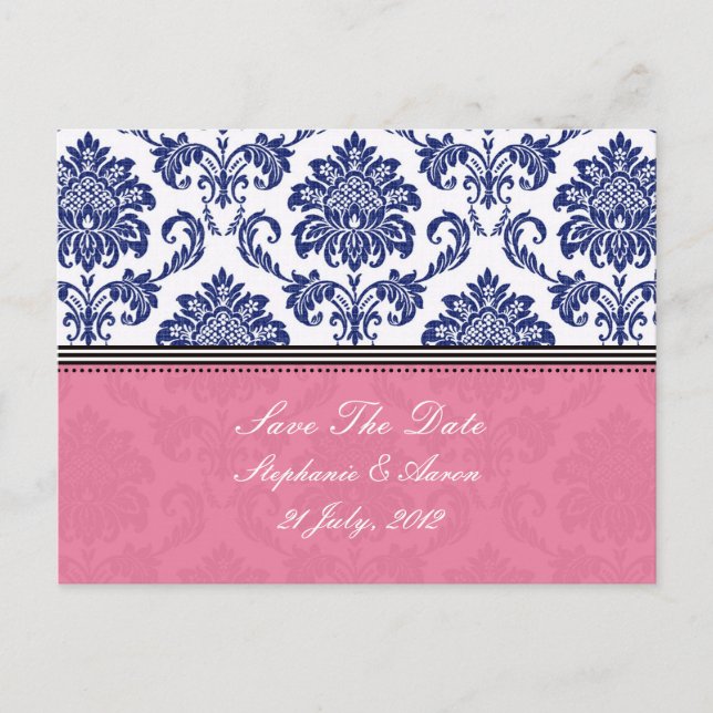 Carte Postale Faire-part Royal Blue et PInk Damask Enregistrer la date (Devant)