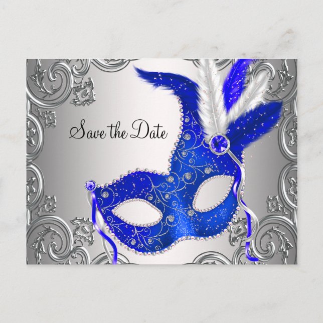 Carte Postale Faire-part Royal Blue Masquerade Enregistrer la date (Devant)