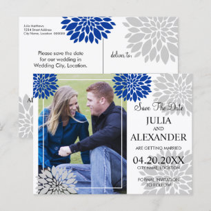 Carte Postale Faire-part Royal Blue Silver Floral Burst Photo Enregistrer L