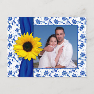 Carte Postale Faire-part Royal Blue Yellow Damask Sunflower Enregistrer la 