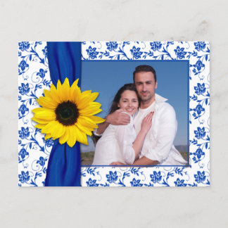 Carte Postale Faire-part Royal Blue Yellow Damask Sunflower Enregistrer la