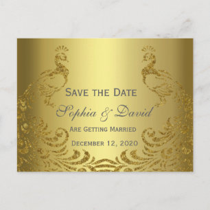 Carte Postale Faire-part Royal Gold Abstrait Paon Mariage SAUVEGARDEZ LA DA