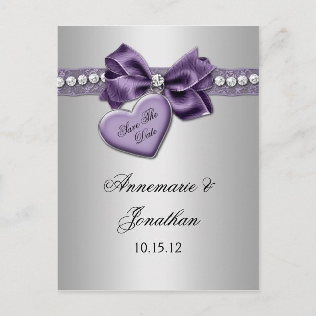 Carte Postale Faire-part Ruban De Coeur Violet Diamants Argent Enregistrer  (Devant)