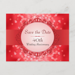 Carte Postale Faire-part Ruby Red Bokeh Sauvez la date 40e anniversaire