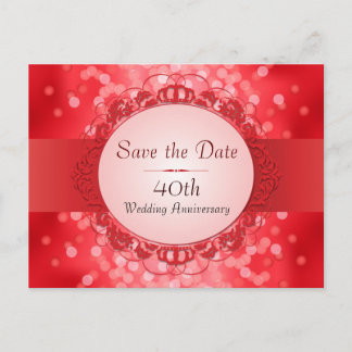 Carte Postale Faire-part Ruby Red Bokeh Sauvez la date 40e anniversaire