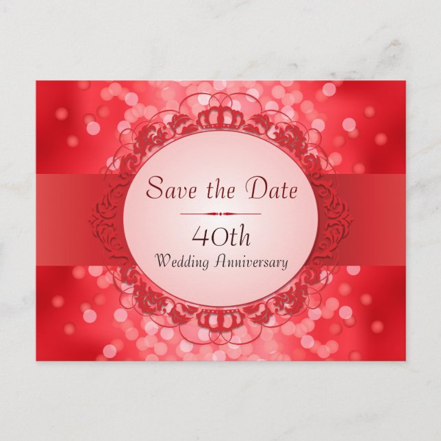Carte Postale Faire-part Ruby Red Bokeh Sauvez la date 40e anniversaire (Devant)