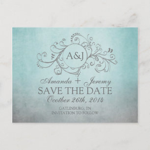 Carte Postale Faire-part Russe Turquoise et gris Bohème Sauvez la date
