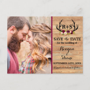 Carte Postale Faire-part Rustic Antlers Floral Burgundy Wood Save The Date