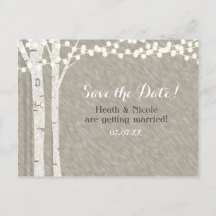 Carte Postale Faire-part Rustic Birch Tree String Lights Mariage de date de