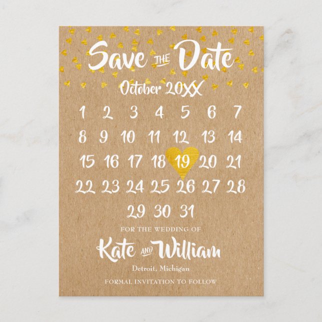 Carte Postale Faire-part Rustic Boho Heart Calendar Photo Enregistrer la da (Devant)
