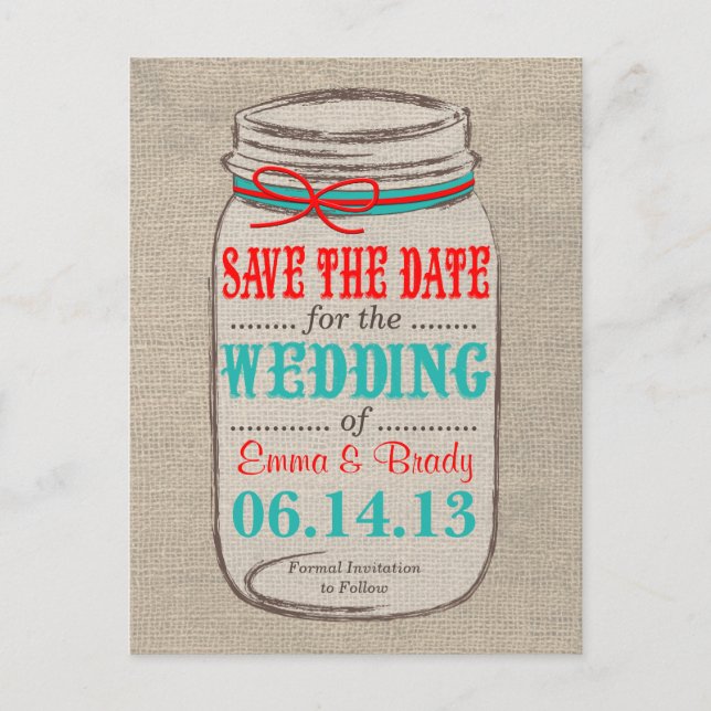 Carte Postale Faire-part Rustic Burlap & Mason Jar Enregistrer la date Cart (Devant)