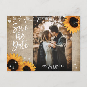 Carte Postale Faire-part Rustic Burlap Tournesol Photo Enregistrer La Date