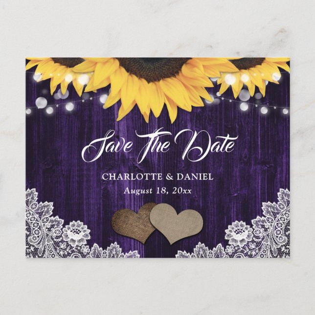 Carte Postale Faire-part Rustic Chic Sunflower Purple Wedding Save The Date (Devant)