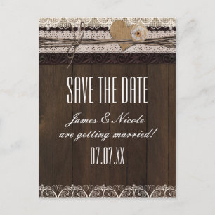 Carte Postale Faire-part Rustic Country Burlap Dentelle et Mariage en bois