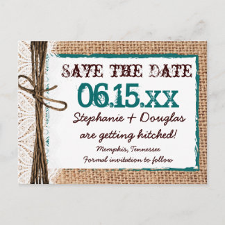 Carte Postale Faire-part Rustic Country Burlap Turquoise Enregistrer la dat