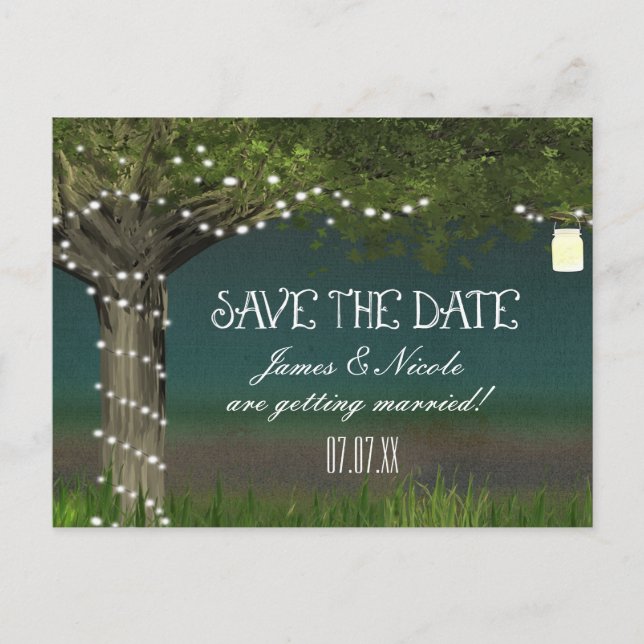 Carte Postale Faire-part Rustic Country Tree & Lights Date de sauvegarde Ca (Devant)