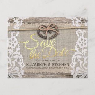 Carte Postale Faire-part Rustic Horseshoe Burlap Lace Wedding Enregistrer L