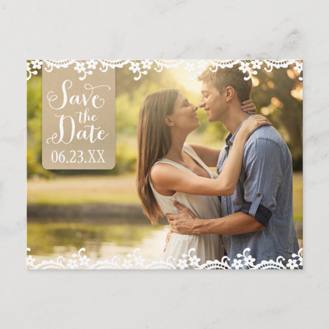 Carte Postale Faire-part Rustic Kraft et dentelle photo du Mariage Enregist (Devant)