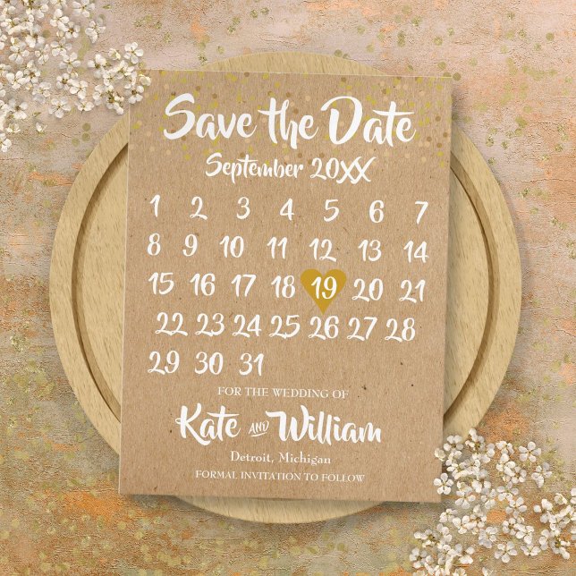 Carte Postale Faire-part Rustic Kraft Gold Heart Calendrier Enregistrer la  (Rustic Kraft Gold Heart Calendar Save the Date Announcement Postcard)