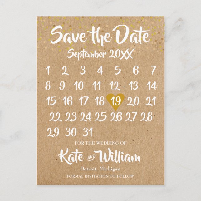 Carte Postale Faire-part Rustic Kraft Gold Heart Calendrier Enregistrer la  (Devant)