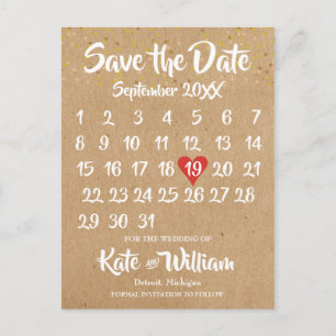 Carte Postale Faire-part Rustic Kraft Love Heart Calendar Enregistrer la da
