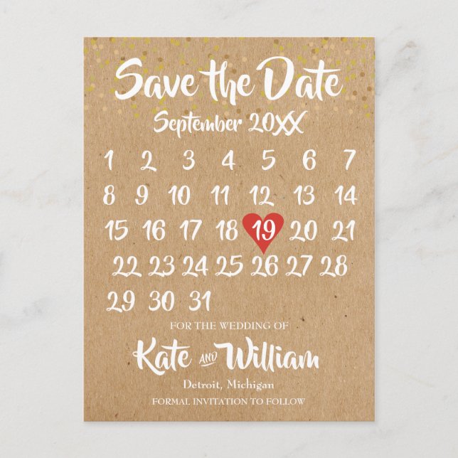 Carte Postale Faire-part Rustic Kraft Love Heart Calendrier Enregistrer la  (Devant)