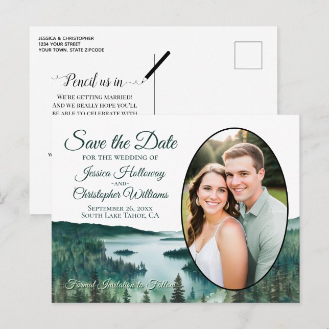Carte Postale Faire-part Rustic Lake Tahoe Oval Photo Save The Date (Devant / Derrière)