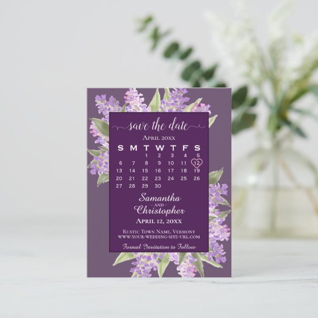 Carte Postale Faire-part Rustic Lilacs Wedding Enregistrer la date Calendri (Debout devant)