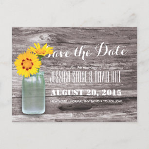 Carte Postale Faire-part Rustic Mason Jar & Daisy Wood Enregistrer la date