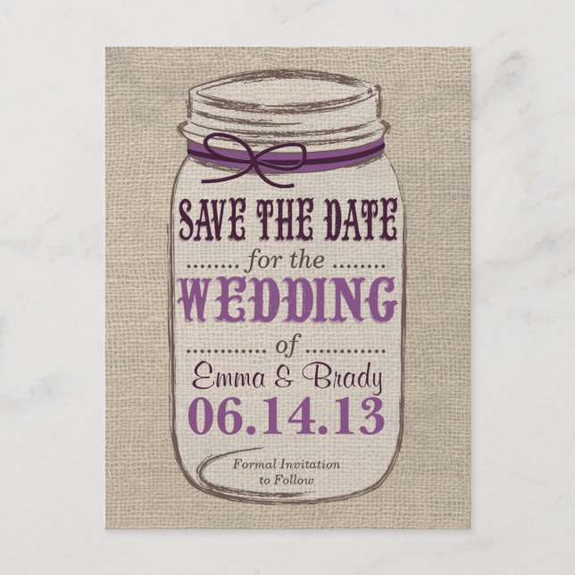 Carte Postale Faire-part Rustic Mason Jar Enregistrer la date Purples (Devant)