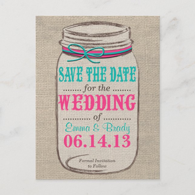 Carte Postale Faire-part Rustic Mason Jar Enregistrer la date rose Turquois (Devant)