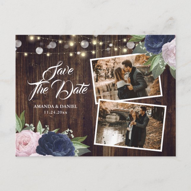 Carte Postale Faire-part Rustic Navy Blue Blush Enregistrer La Date Photo (Devant)
