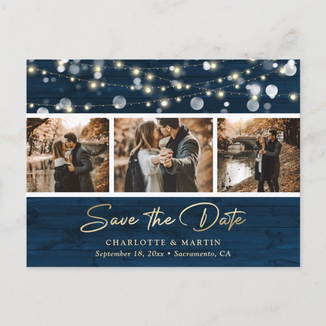 Carte Postale Faire-part Rustic Navy Blue Gold Mariage Photo Enregistrer la (Devant)