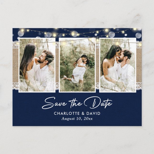 Carte Postale Faire-part Rustic Navy Blue Mariage Photo Enregistrer La Date (Devant)