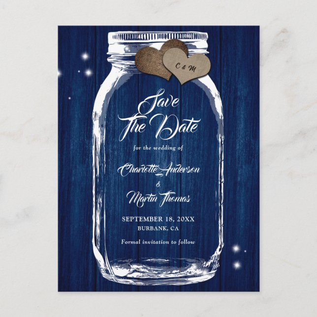 Carte Postale Faire-part Rustic Navy Blue Mason Jar Mariage Enregistrer La  (Devant)