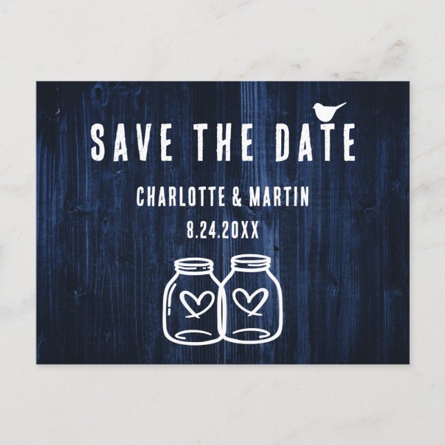 Carte Postale Faire-part Rustic Navy Blue Wood Wedding Enregistrer La Date (Devant)
