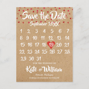 Carte Postale Faire-part Rustic Ruby Red Love Heart Calendar Enregistrer la