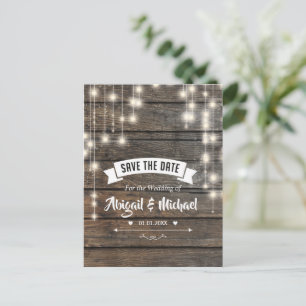 Carte Postale Faire-part Rustic String Lights Bois Enregistrer La Date Cart