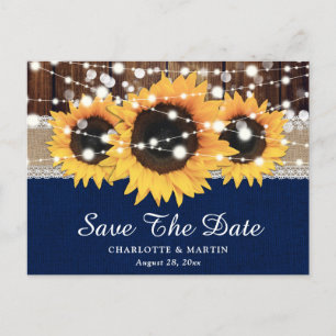Carte Postale Faire-part Rustic Sunflower Marine Blue Wedding Enregistrer L