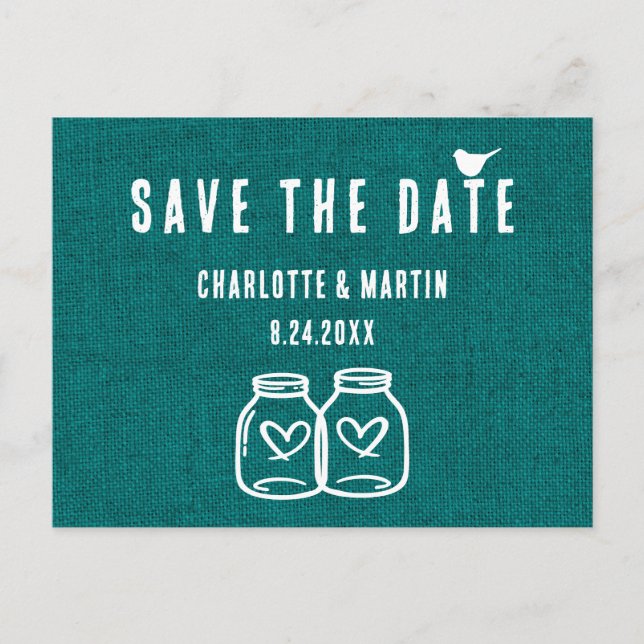 Carte Postale Faire-part Rustic Turquoise Burlap Wedding Enregistrer La Dat (Devant)