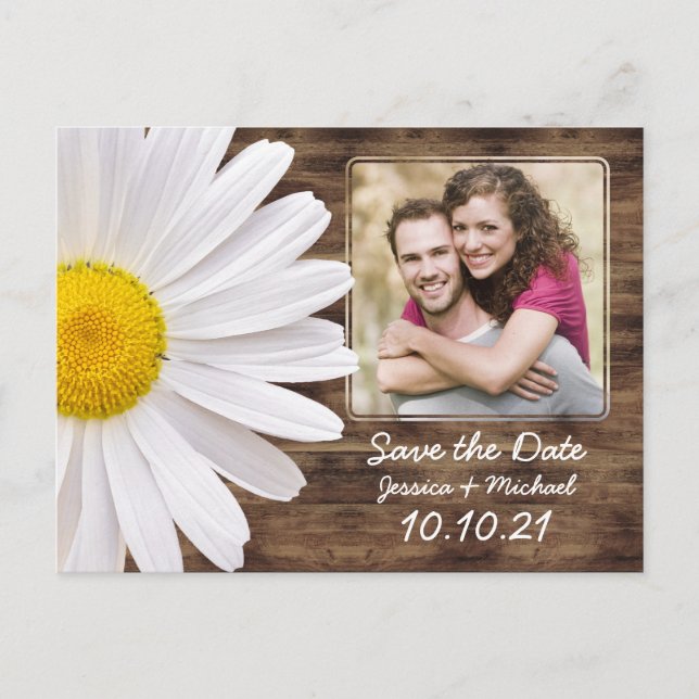 Carte Postale Faire-part Rustic White Daisy Wood Photo Mariage Enregistrer  (Devant)