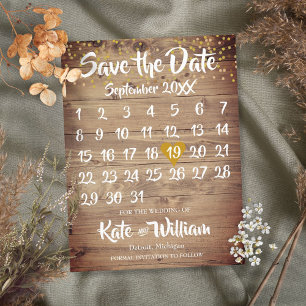Carte Postale Faire-part Rustic Wood Gold Love Heart Calendrier Enregistrer