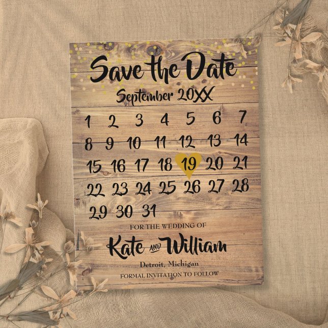 Carte Postale Faire-part Rustic Wood Gold Love Heart Calendrier Enregistrer (Rustic Wood Gold Love Heart Calendar Save the Date Announcement Postcard)