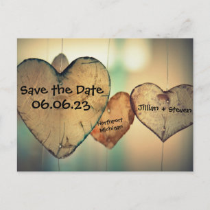 Carte Postale Faire-part Rustic Wood Hearts - Sauvez la date