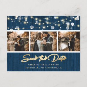 Carte Postale Faire-part Rustic Wood Mariage Gold de la Marine Photo Enregi